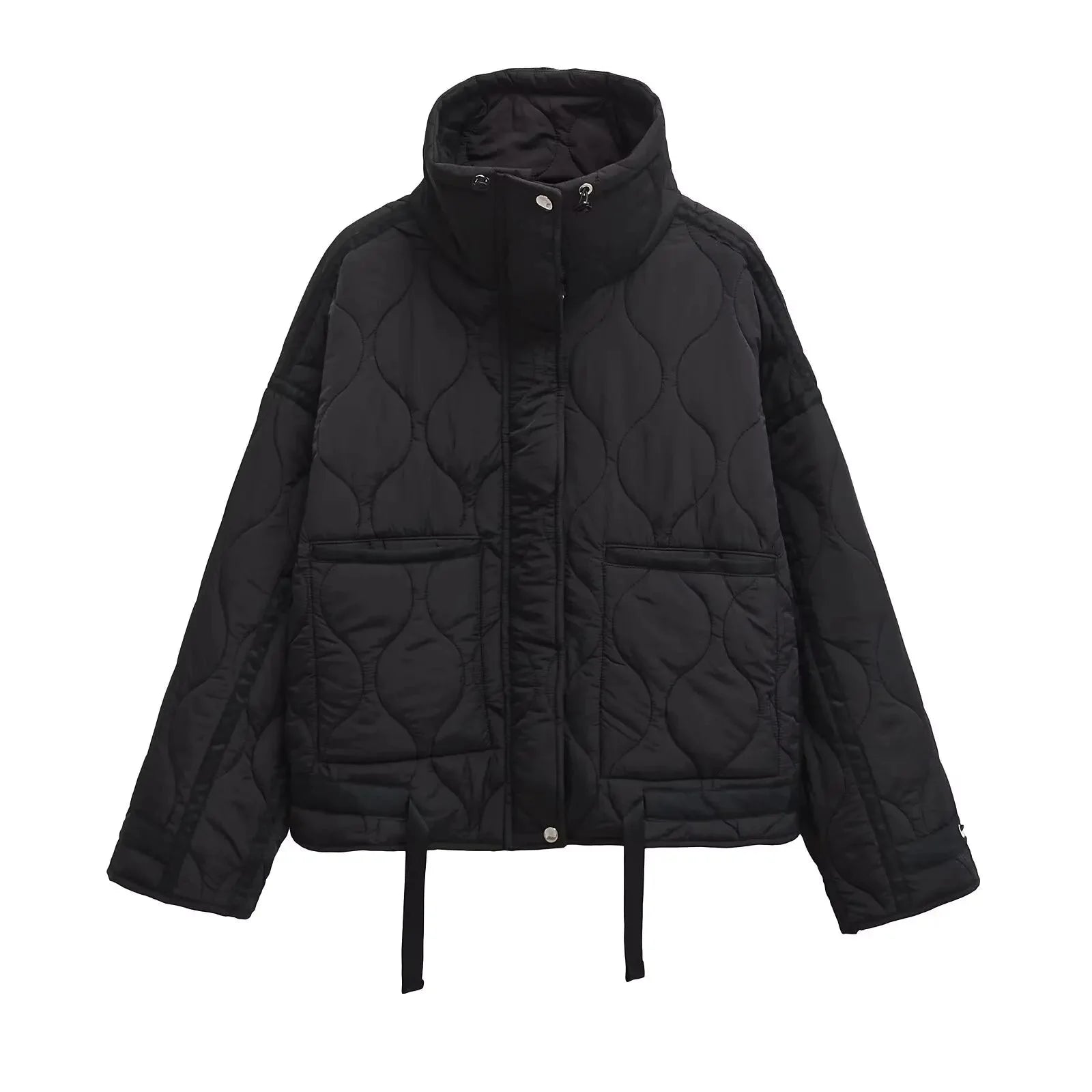 Women's winter high collar loose fit quilted jacket made of durable fabric with cozy insulation for warmth and comfort.