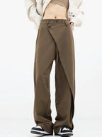 Asymmetrical layer wide-leg buttoned dress pants made from soft fabric, featuring a unique silhouette and versatile style.