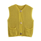 Olive green sleeveless knitted vest featuring button detail, made from soft fabric, perfect for layering in casual outfits.