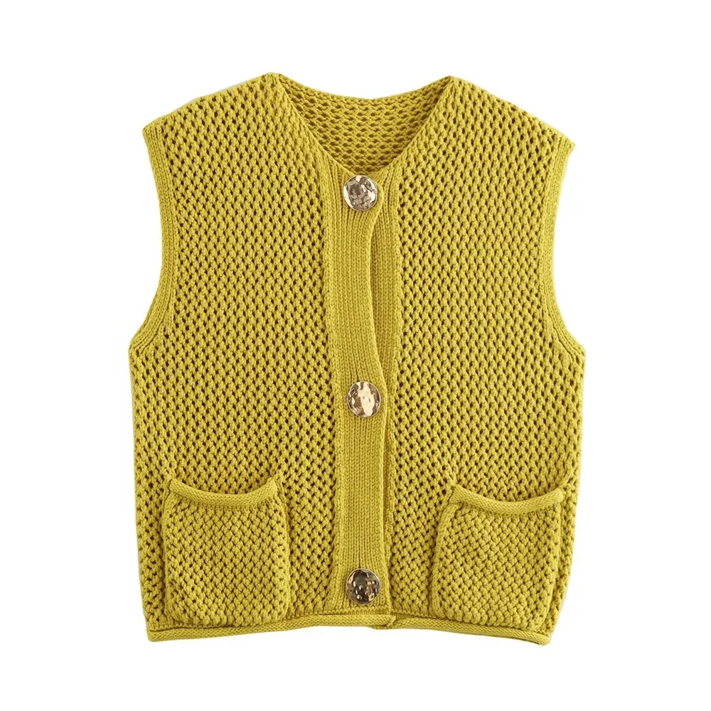 Olive green sleeveless knitted vest featuring button detail, made from soft fabric, perfect for layering in casual outfits.