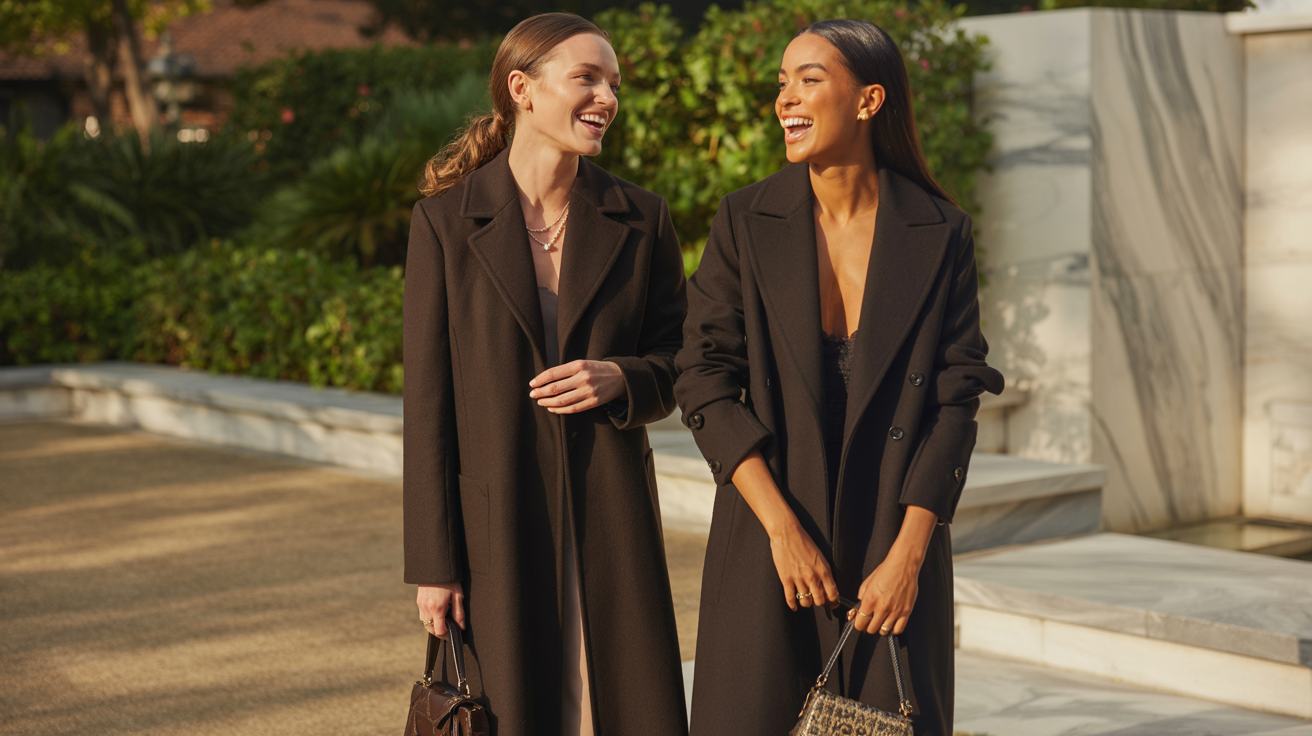 Two women in brown coats walking outdoors with a blurred background