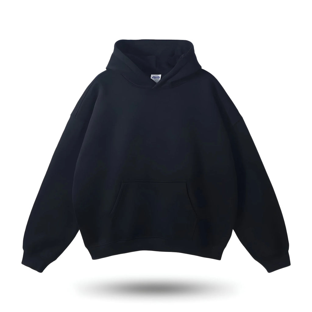 Unisex weighted hoodie in soft fabric with a relaxed fit and a convenient pouch pocket for comfort and warmth.
