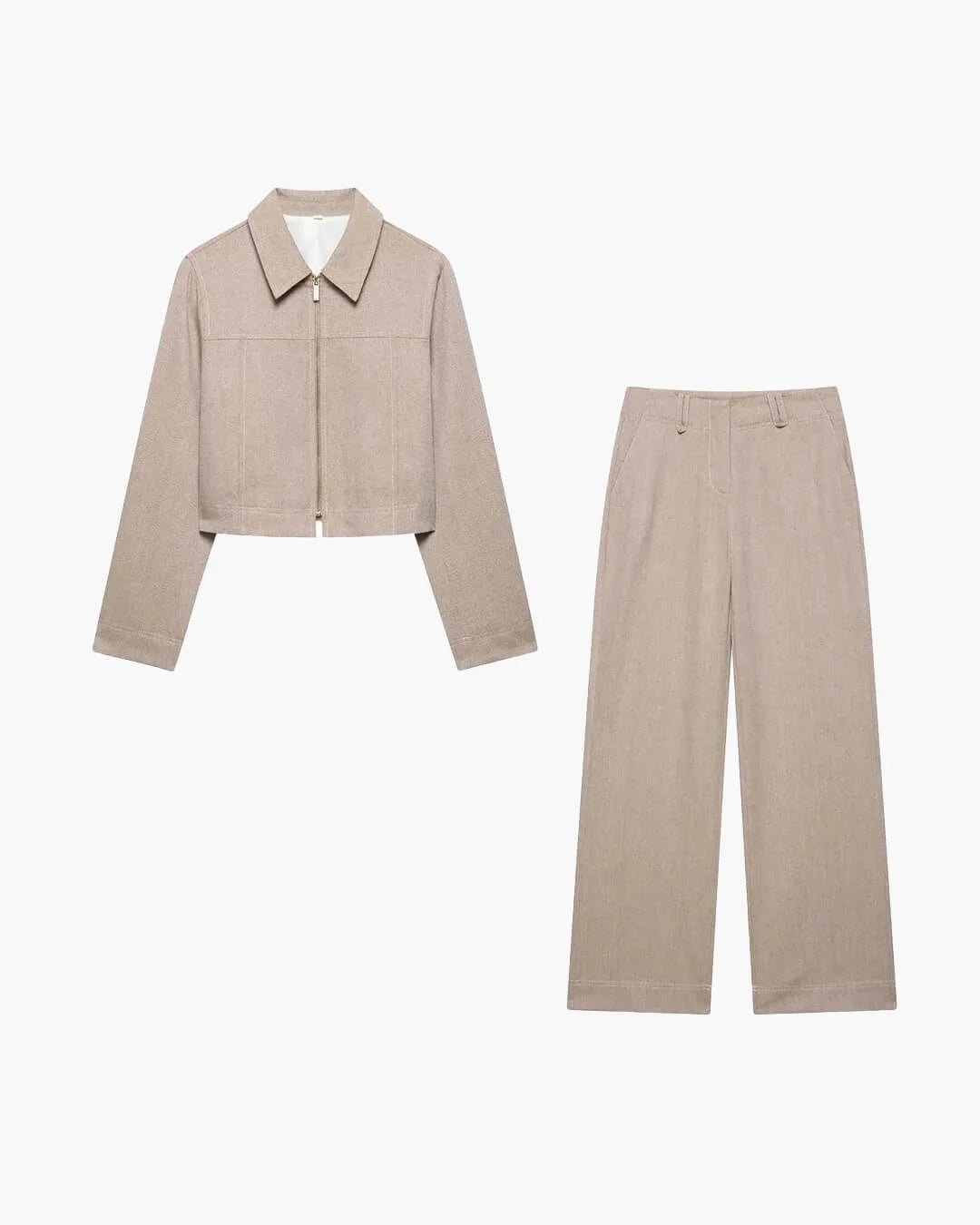 "Women's 2-piece set featuring a tailored jacket and wide-leg trousers, crafted from soft, breathable fabric for comfort."