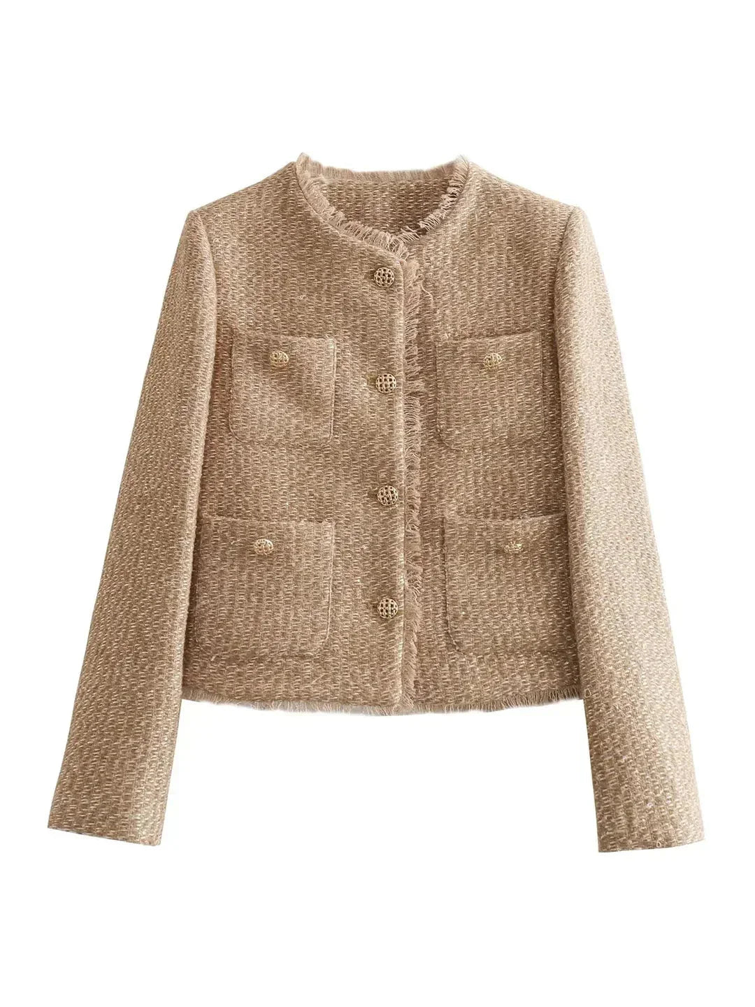 Women's beige cropped tweed jacket featuring button details, structured design, and texture for a versatile casual look.