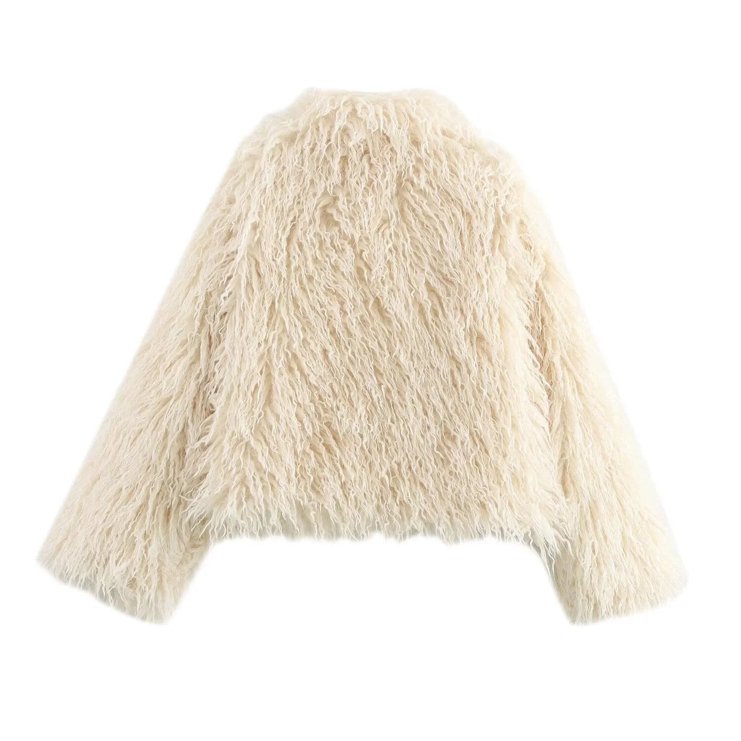 Women's beige long sleeve faux fur coat with soft texture, lapel collar, side pockets, and button closure for warmth.