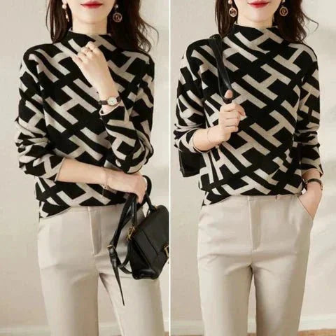 Women's black and white geometric pattern sweater made of soft knit fabric, featuring a comfortable crew neckline and long…