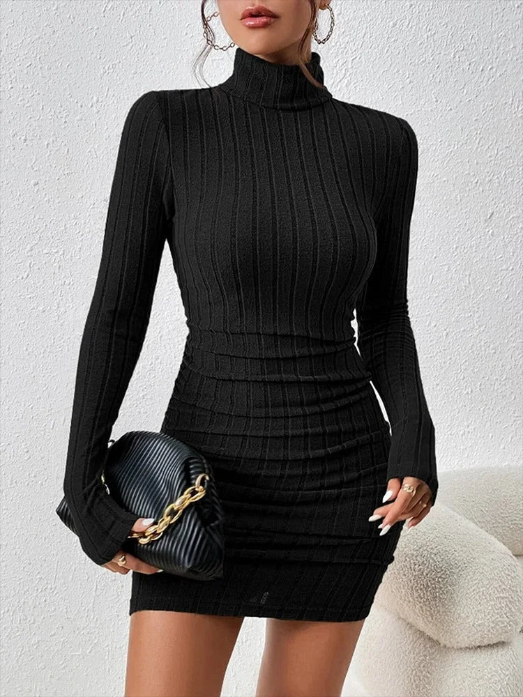 Women's black ribbed knit longsleeve mini dress featuring a snug fit and classic crew neckline for everyday wear.