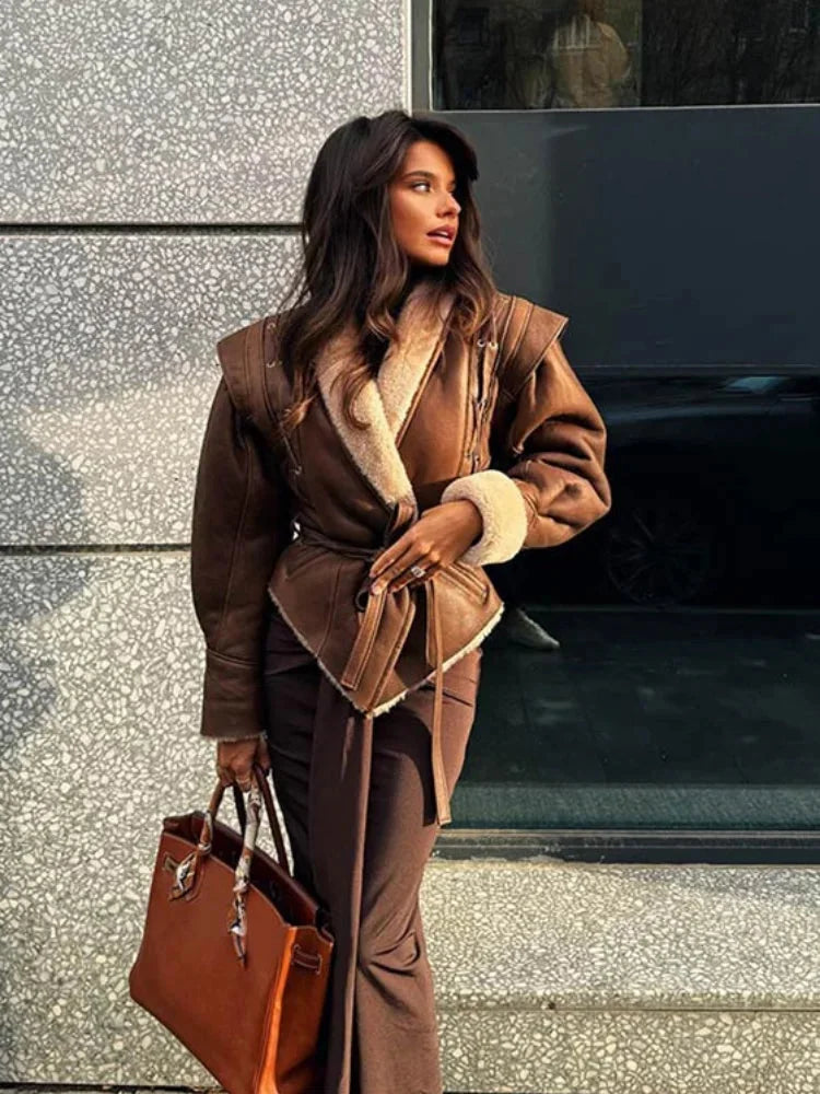 Women's brown belted coat featuring a shearling collar, crafted from warm fabric for added comfort and style in cold weather.