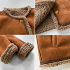Women's brown fleece coat featuring a button front, soft fabric, and a cozy, warm design ideal for chilly weather.