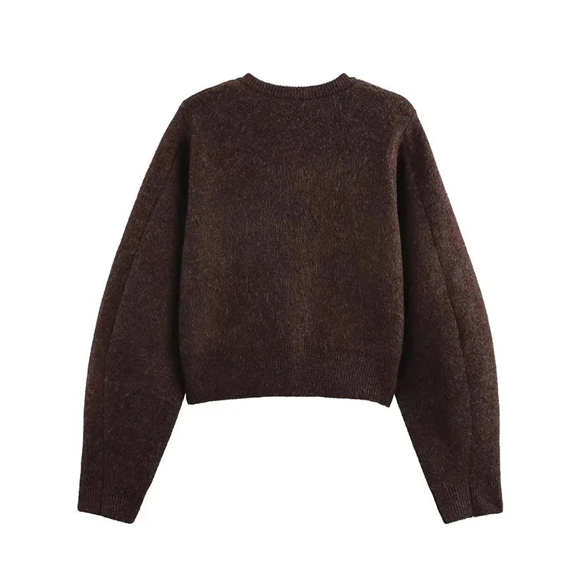 Women's brown knit cardigan featuring long sleeves, practical pockets, and a cozy, comfortable design for everyday wear.