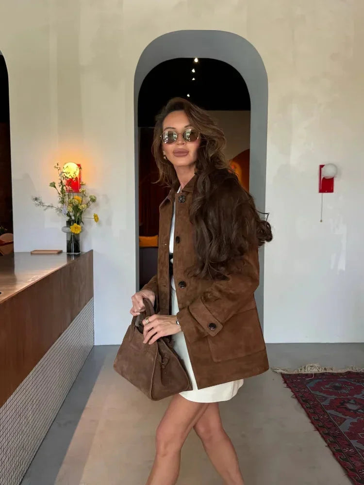 Brown suede-look short jacket for women with a collared design and a casual, stylish fit perfect for layering.
