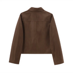Women's brown suede slim fit short jacket featuring a tailored silhouette and a classic collar for a stylish, casual look.