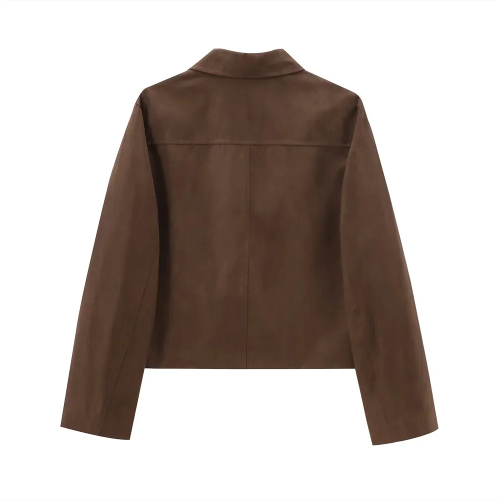 Women's brown suede slim fit short jacket featuring a tailored silhouette and a classic collar for a stylish, casual look.
