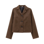 Women's brown suede short jacket with a slim fit design, featuring a stylish collar and functional front pockets.