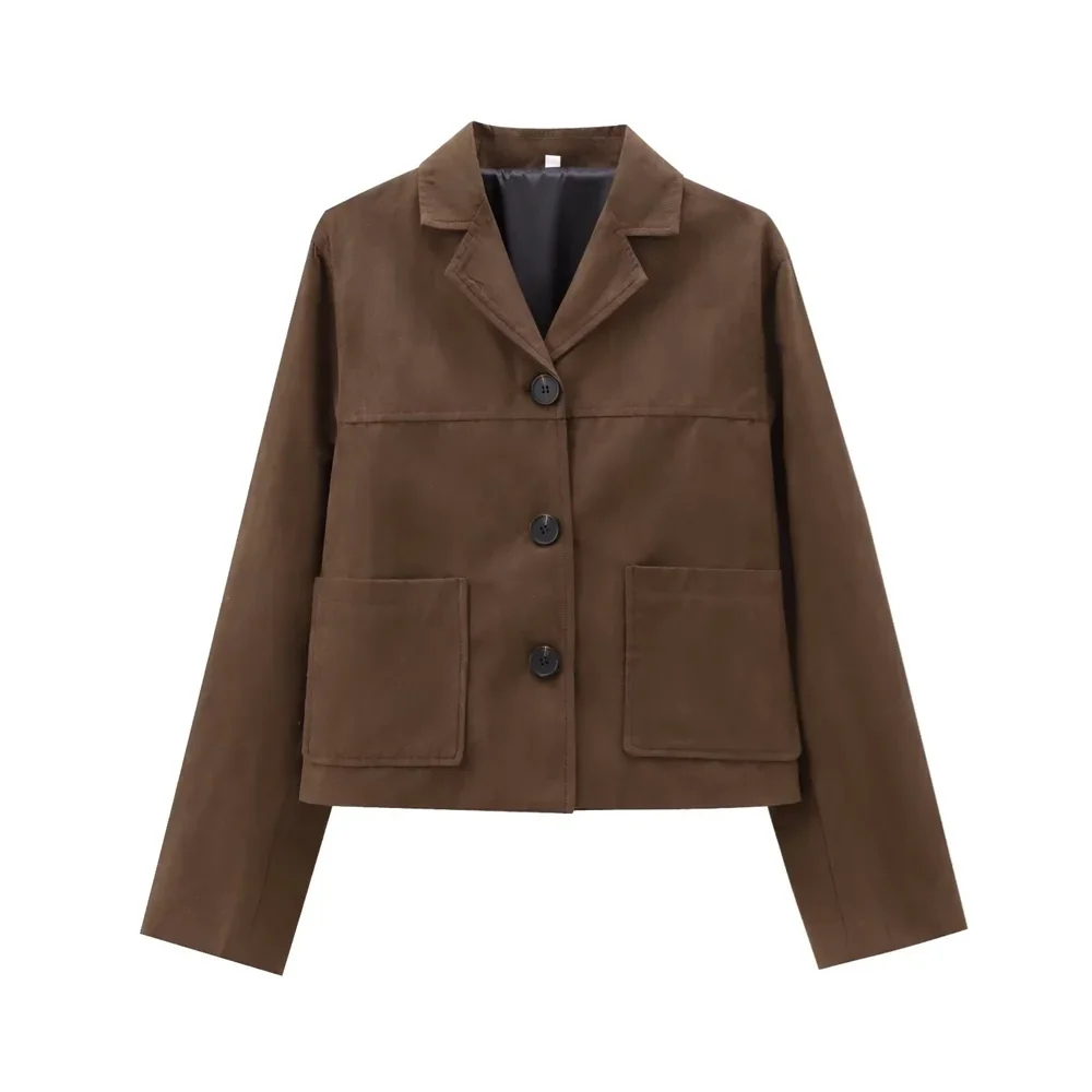 Women's brown suede short jacket with a slim fit design, featuring a stylish collar and functional front pockets.