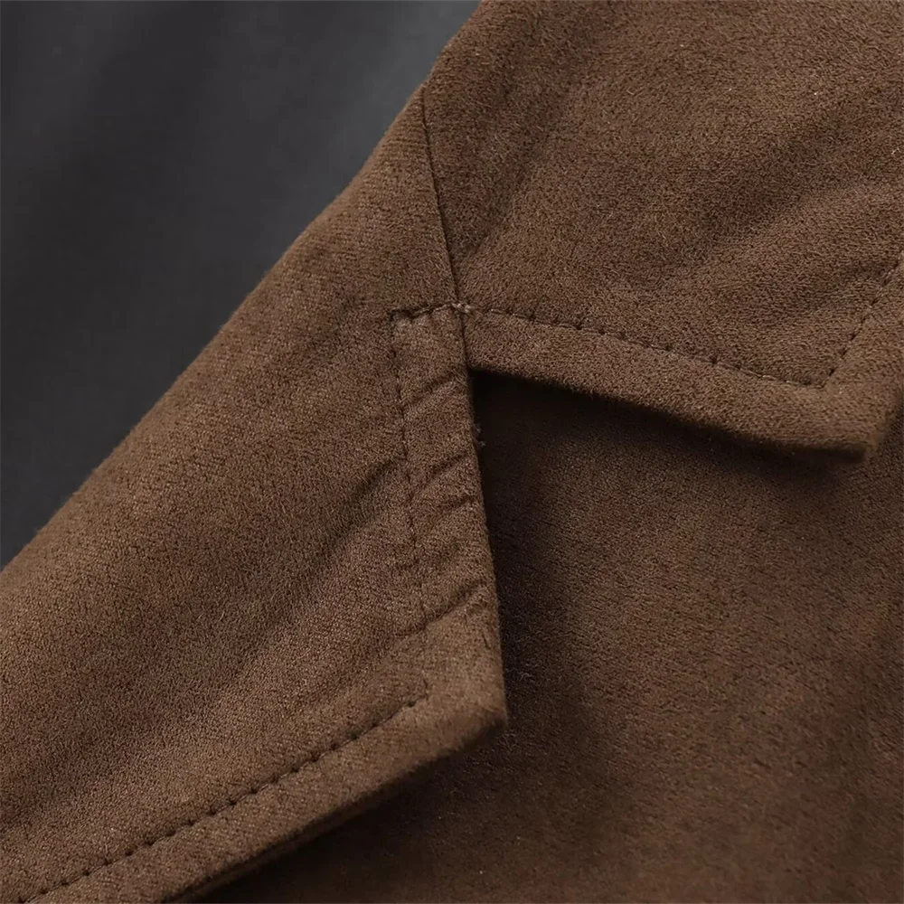 Brown suede short jacket for women, featuring a slim fit design with button detailing and side pockets for practicality.