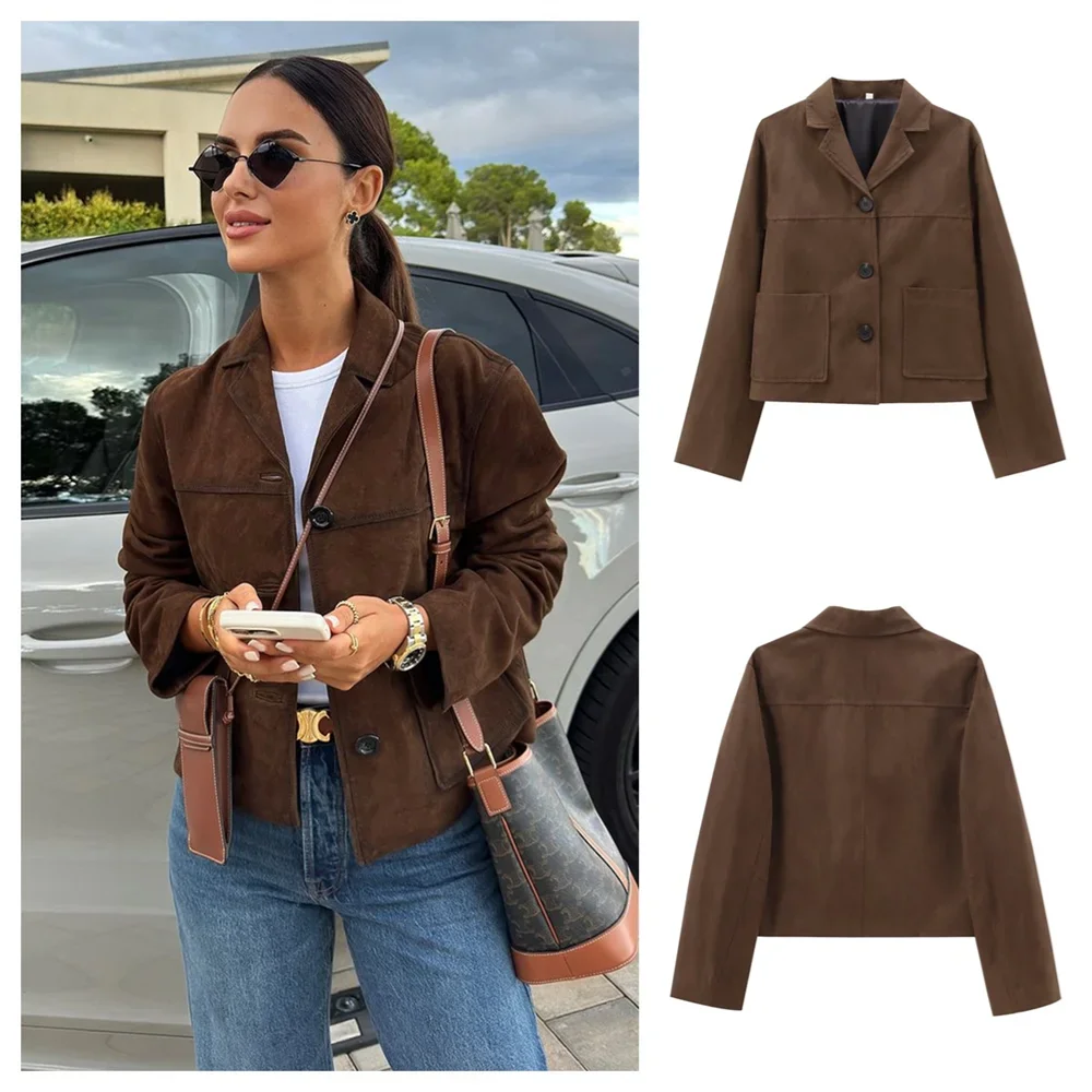 Women's brown suede slim fit short jacket featuring a tailored silhouette and front zip closure, ideal for casual layering.