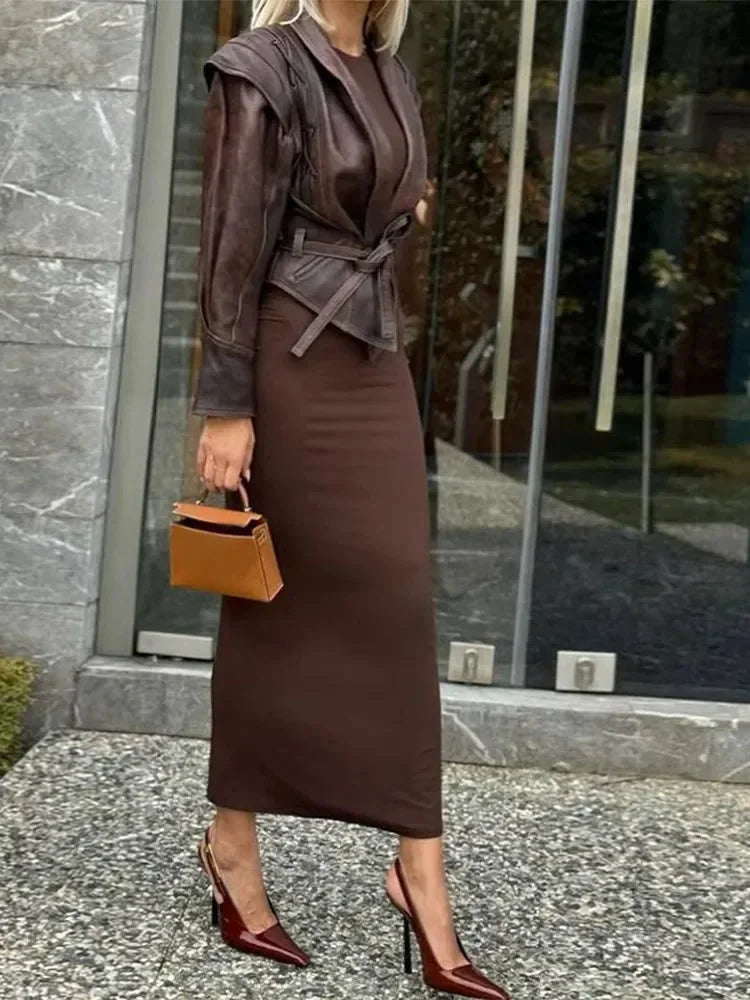 Women's brown tie-waist jacket featuring a structured design, crafted from durable fabric for a flattering silhouette.