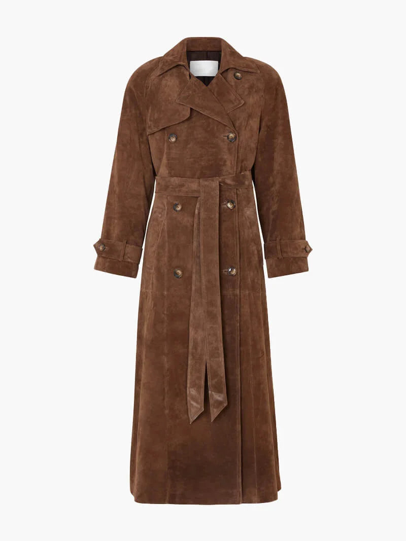 Women's brown trench coat made of durable fabric, featuring a belted waist and classic lapels for a tailored look.