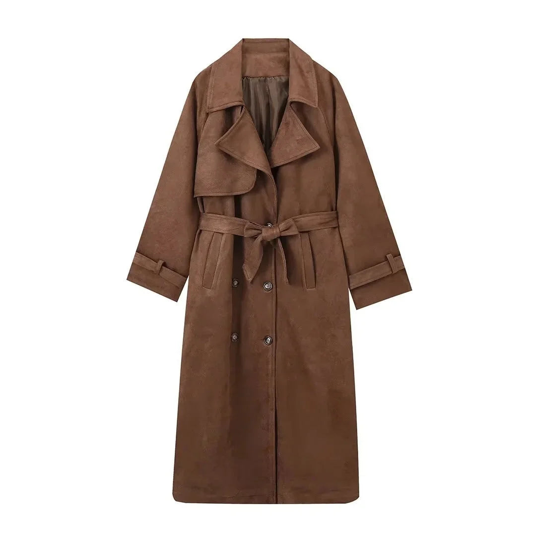 Women's brown trench coat made of durable fabric, featuring wide lapels and a tie waist for a tailored fit and stylish look.