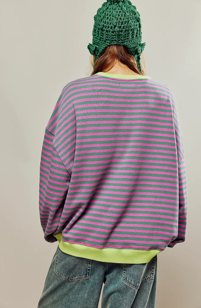 Women's casual striped sweater featuring a relaxed fit, made from soft cotton blend for comfort and breathability.