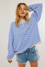 Women's casual striped sweater in soft cotton blend with relaxed fit and long sleeves, ideal for comfort and everyday wear.