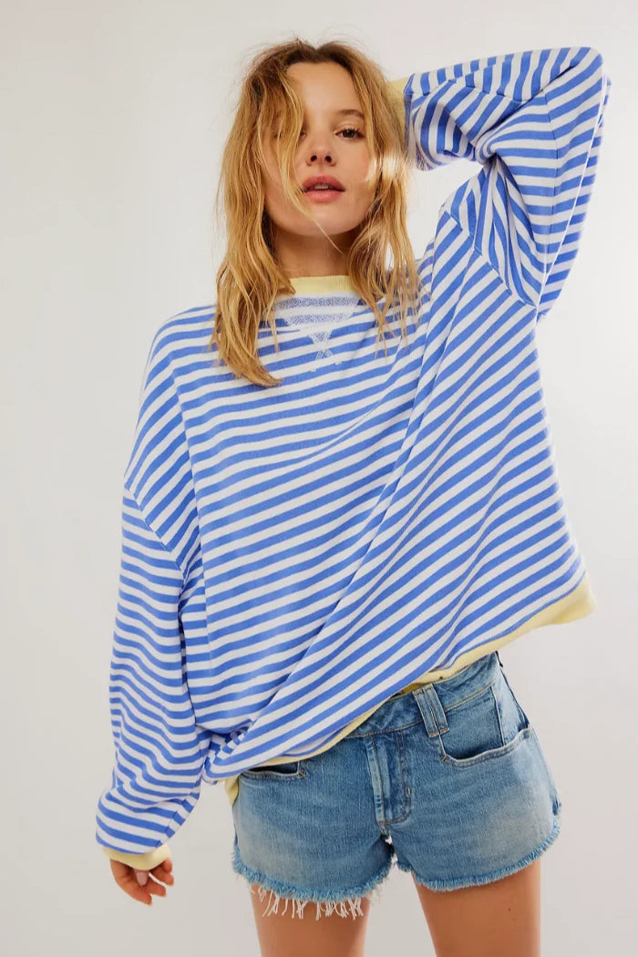 Women's casual striped sweater in soft cotton blend with relaxed fit and long sleeves, ideal for comfort and everyday wear.