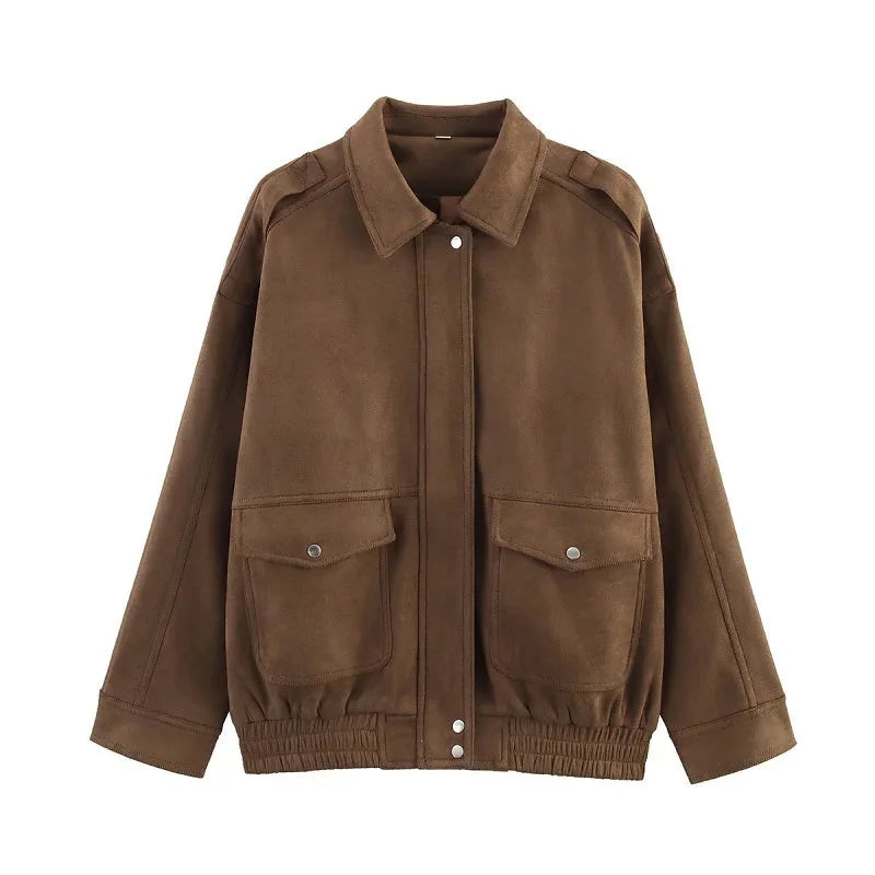 Women's casual zip-up bomber jacket in lightweight fabric, featuring a relaxed fit and practical side pockets.