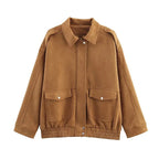 Women's casual zip-up bomber jacket in lightweight fabric, featuring side pockets and a relaxed fit for everyday wear.