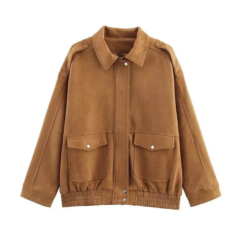 Women's casual zip-up bomber jacket in lightweight fabric, featuring side pockets and a relaxed fit for everyday wear.