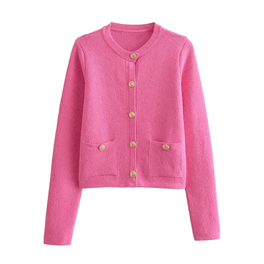 Women's chic knitted button-up cardigan in soft yarn, featuring a classic silhouette and delicate button detailing.