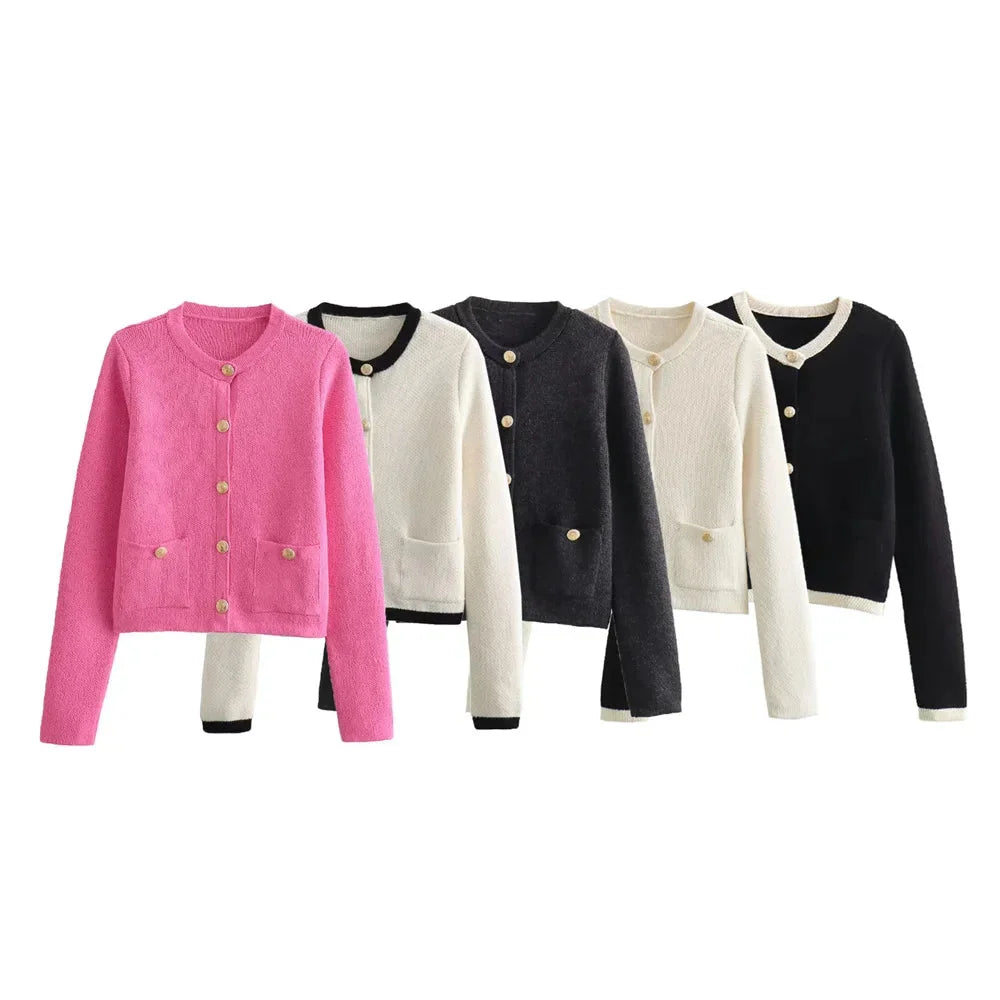 Women's knitted button-up cardigan featuring soft yarn, a classic design, and stylish buttons for easy layering.