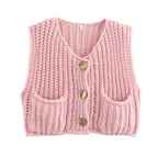 Women's chunky knit vest with pockets, featuring a cozy knit design and practical side pockets for added convenience.