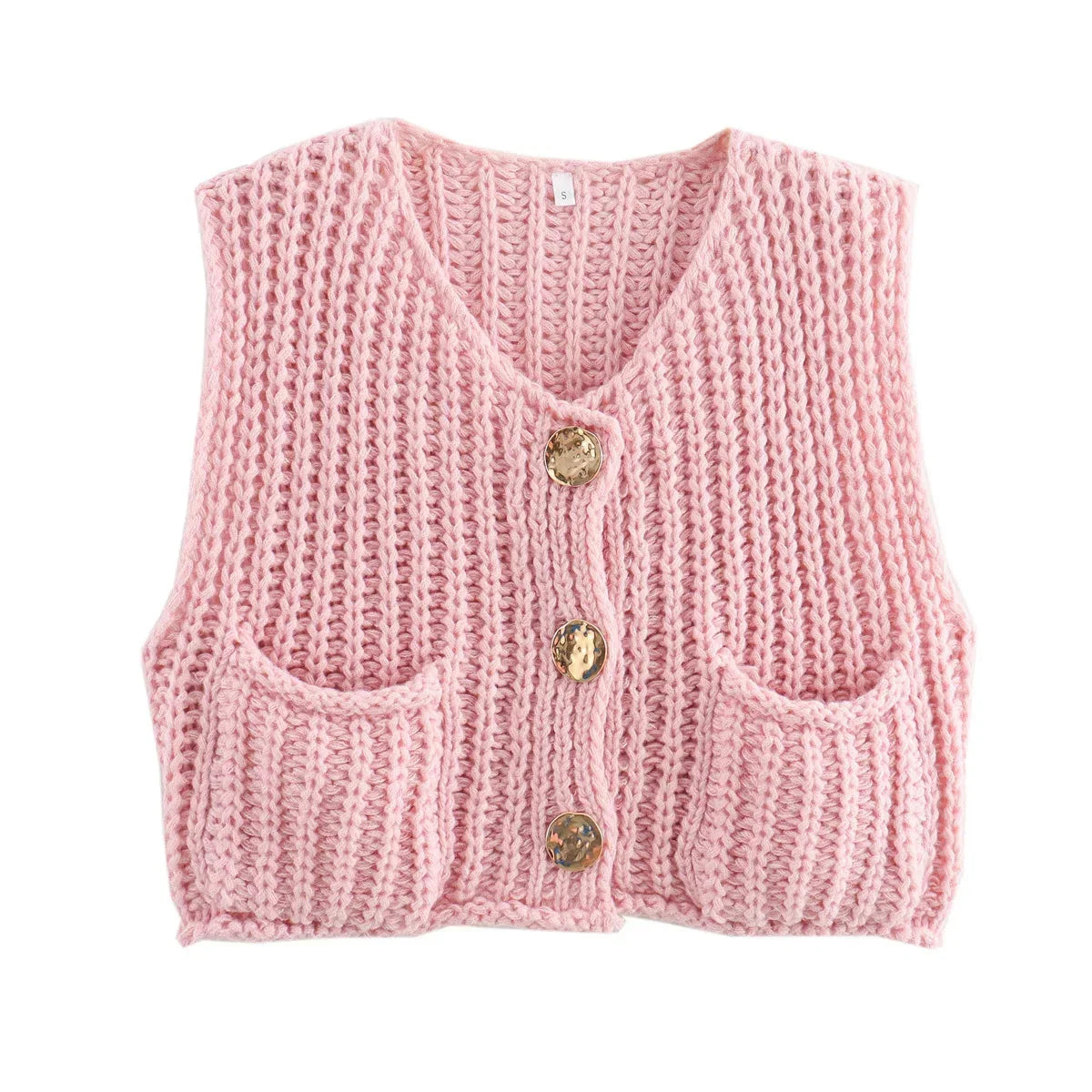 Women's chunky knit vest with pockets, featuring a cozy knit design and practical side pockets for added convenience.