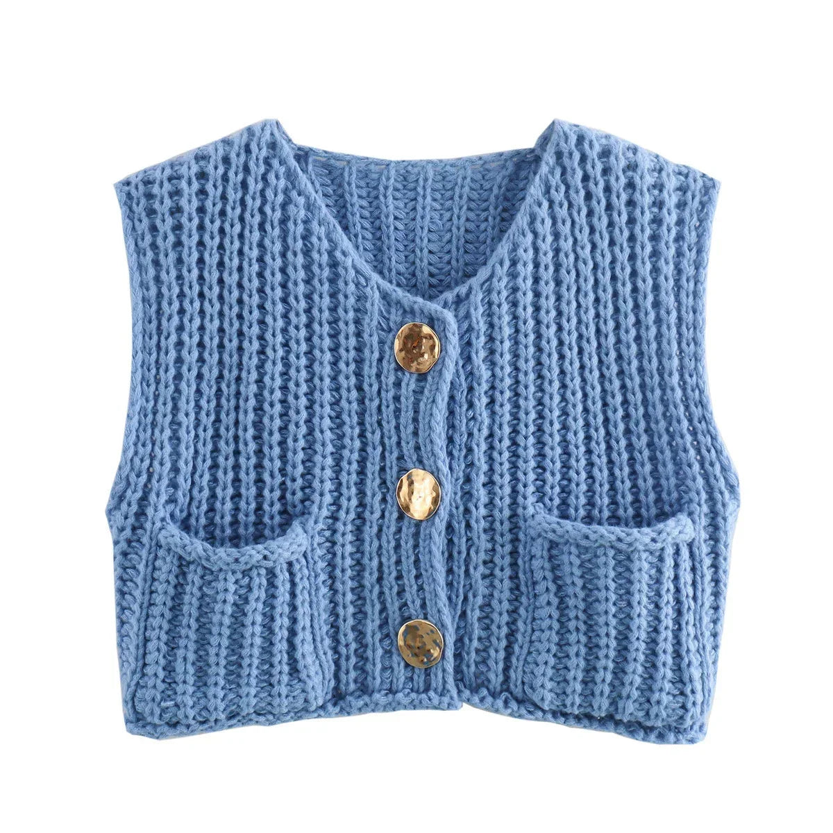 Women's chunky knit vest with pockets, featuring a cozy textured design and comfortable fit for layering in cool weather.