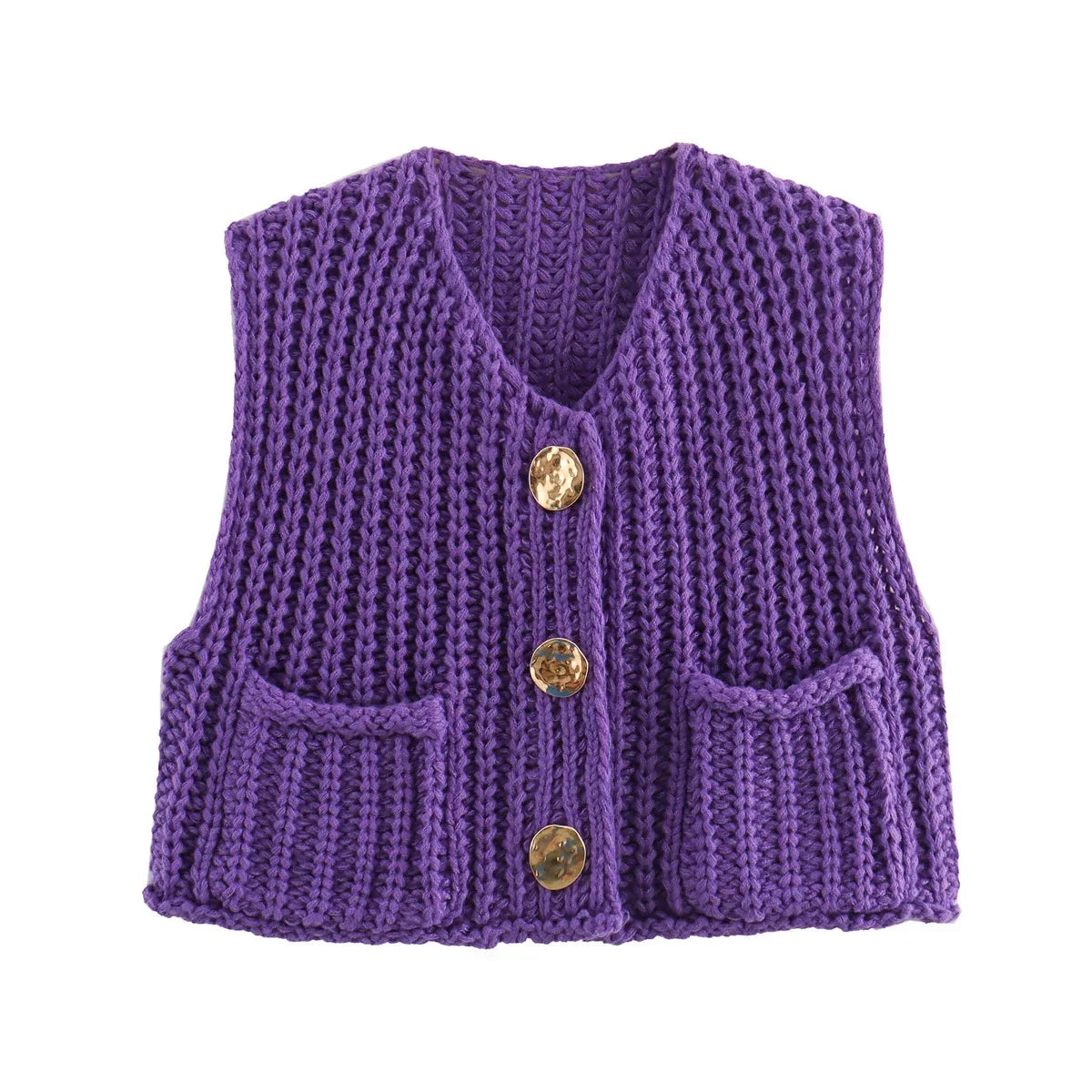 Women's chunky knit vest in soft cotton blend, featuring large front pockets and a cozy, relaxed fit for everyday wear.