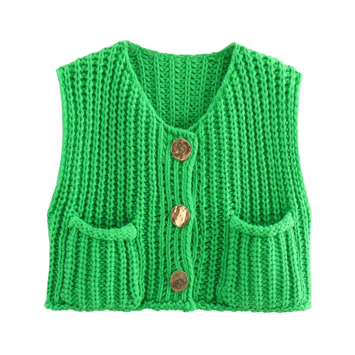 Cozy women's chunky knit vest with pockets, featuring a relaxed fit and thick yarn for warmth and comfort.