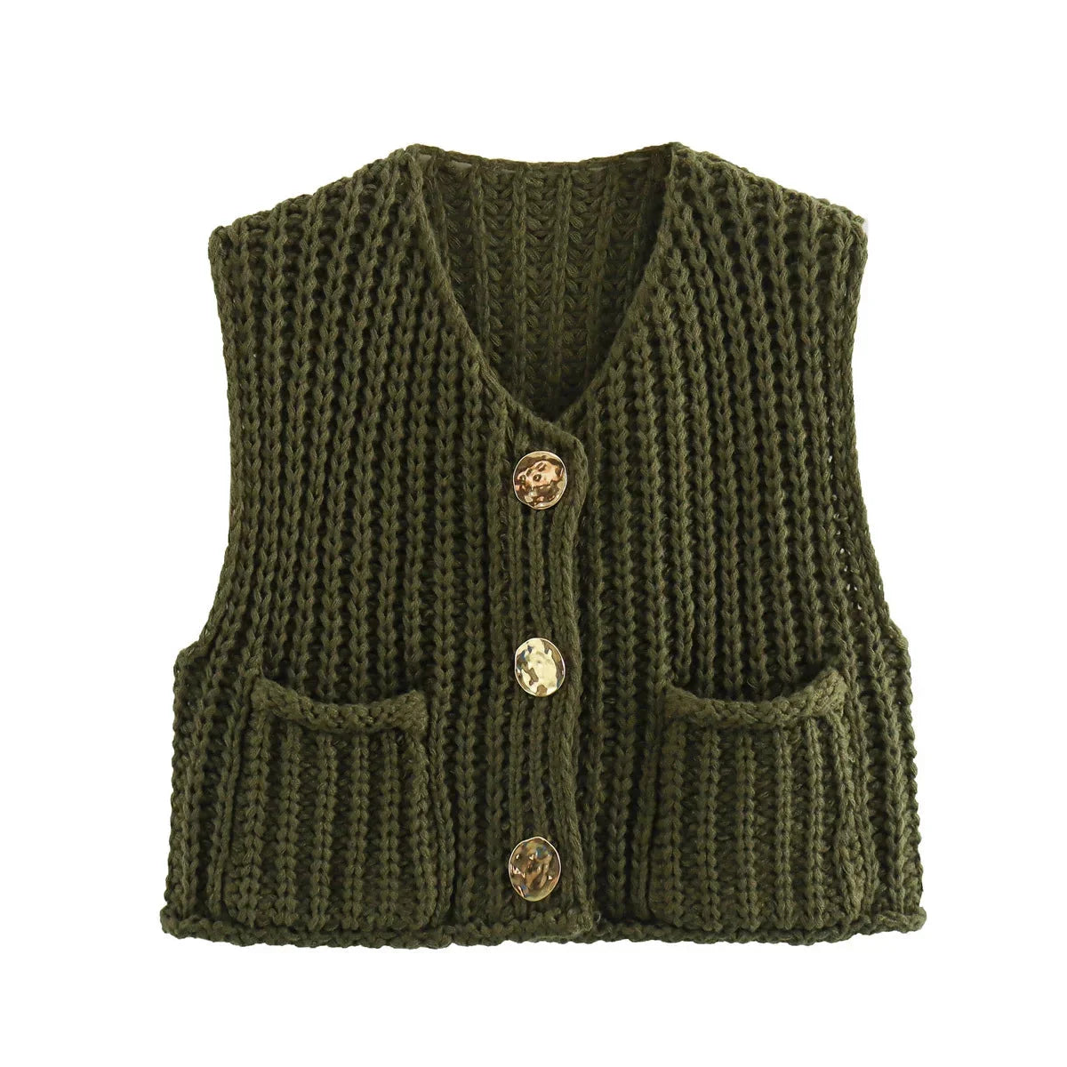Women's chunky knit vest with pockets in soft yarn, featuring a relaxed fit and textured design for comfortable layering.
