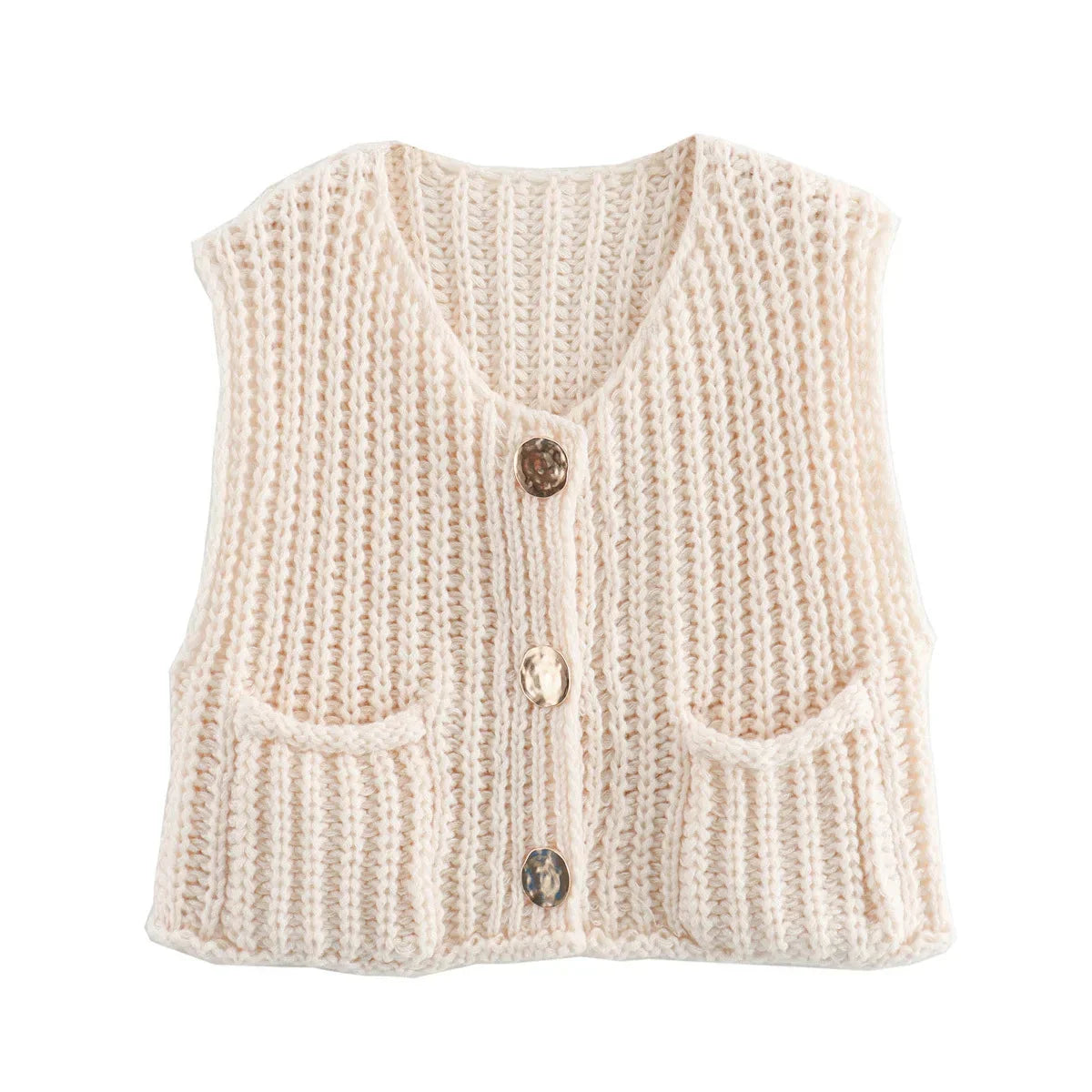 Women's chunky knit vest featuring spacious pockets, made from soft yarn for warmth and comfort in a cozy, relaxed fit.