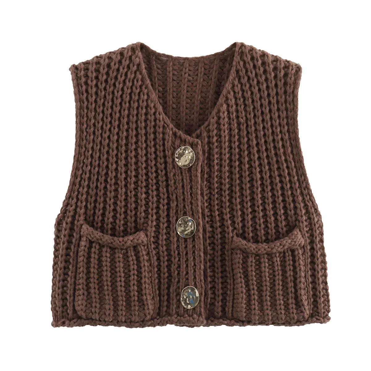 Women's chunky knit vest with pockets, made from soft, warm fabric with a textured design and practical side pockets.