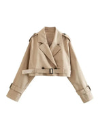 Cropped beige trench coat for women, featuring long sleeves and a lightweight fabric ideal for transitional weather.