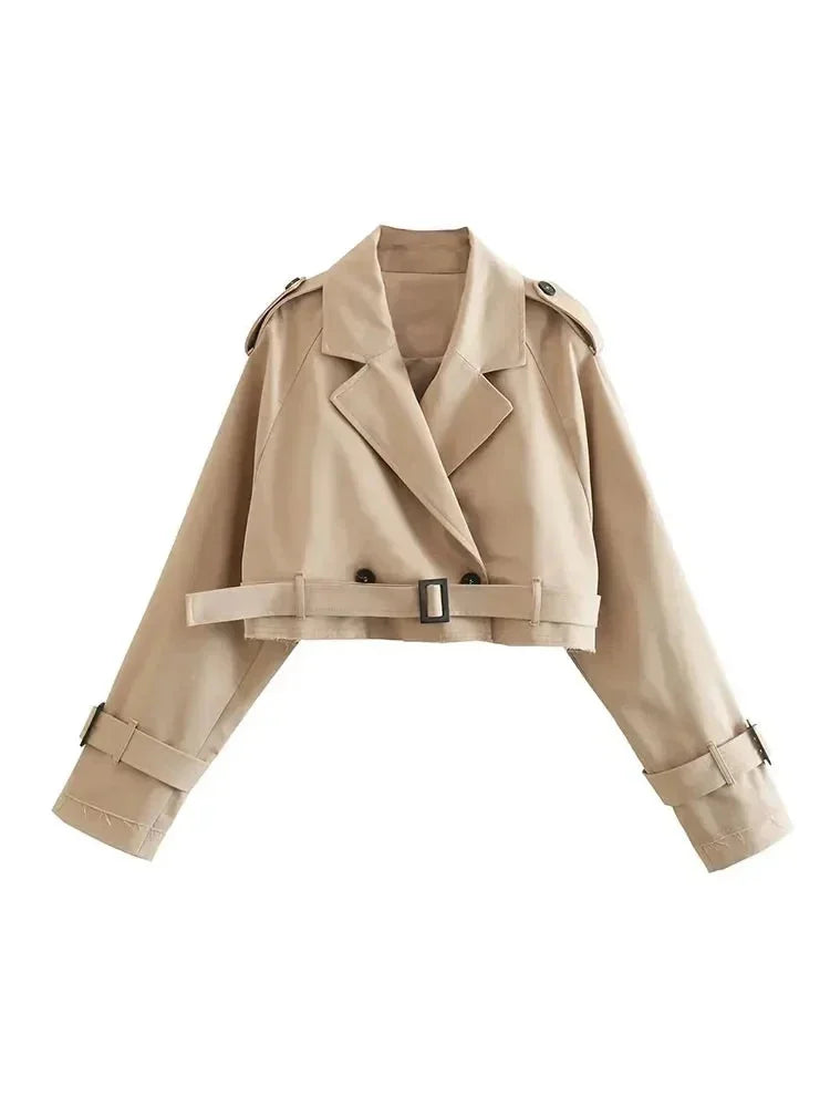 Cropped beige trench coat for women, featuring long sleeves and a lightweight fabric ideal for transitional weather.