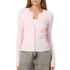 Women's cropped cardigan in soft knit, featuring a ribbed texture and button closure for a casual, modern look.