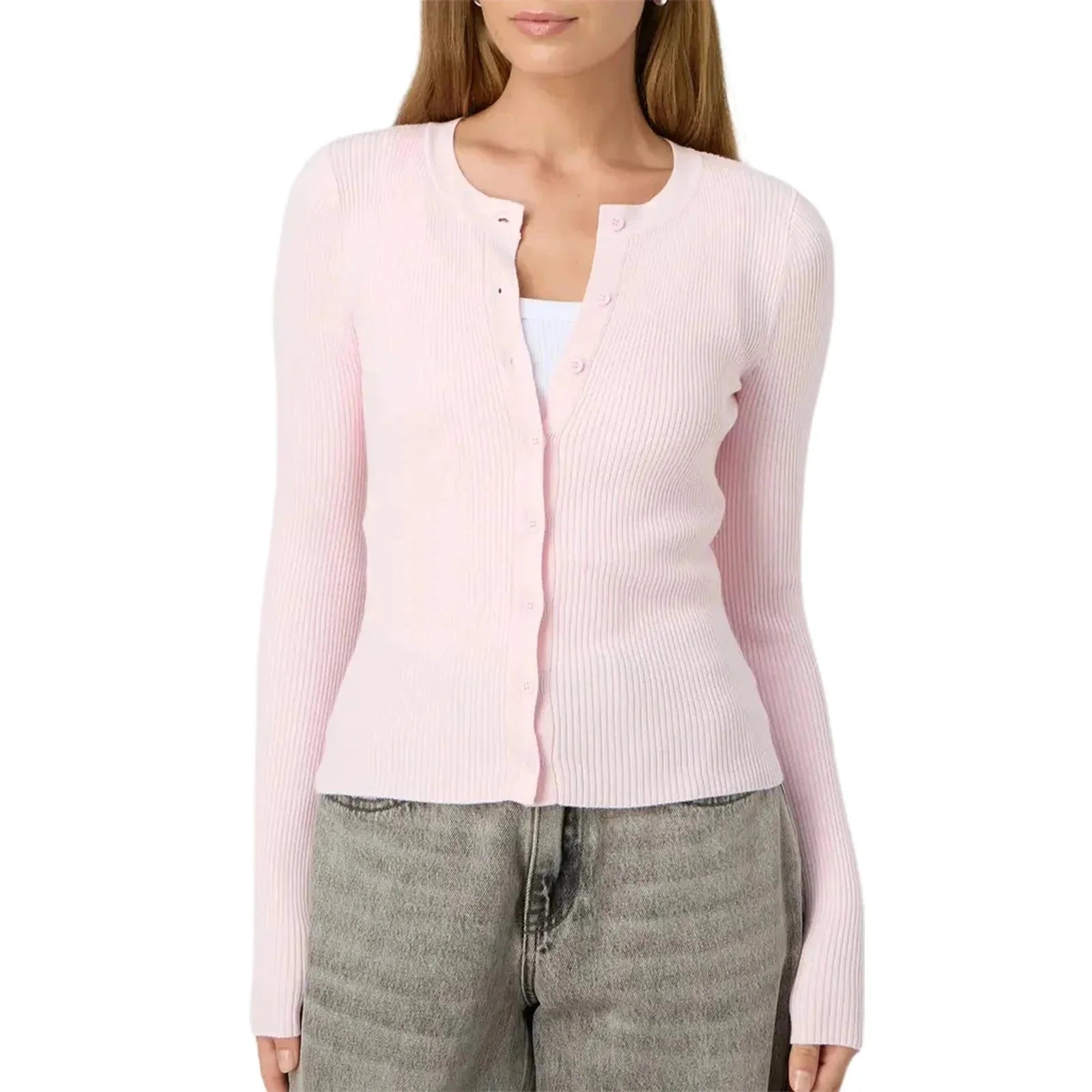 Women's cropped cardigan in soft knit, featuring a ribbed texture and button closure for a casual, modern look.