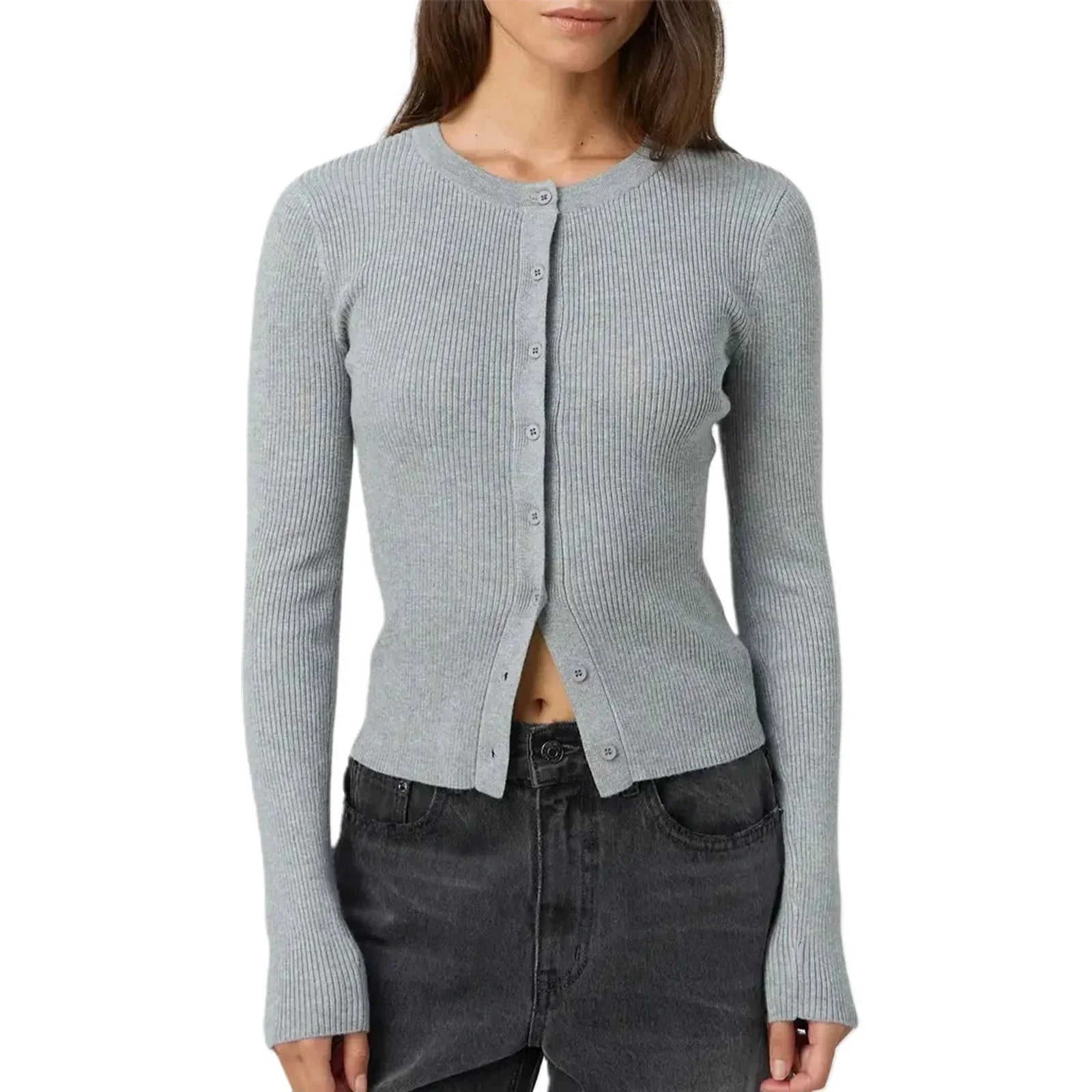 Lightweight women's cropped cardigan in a ribbed texture, featuring long sleeves and a relaxed fit, perfect for layering.