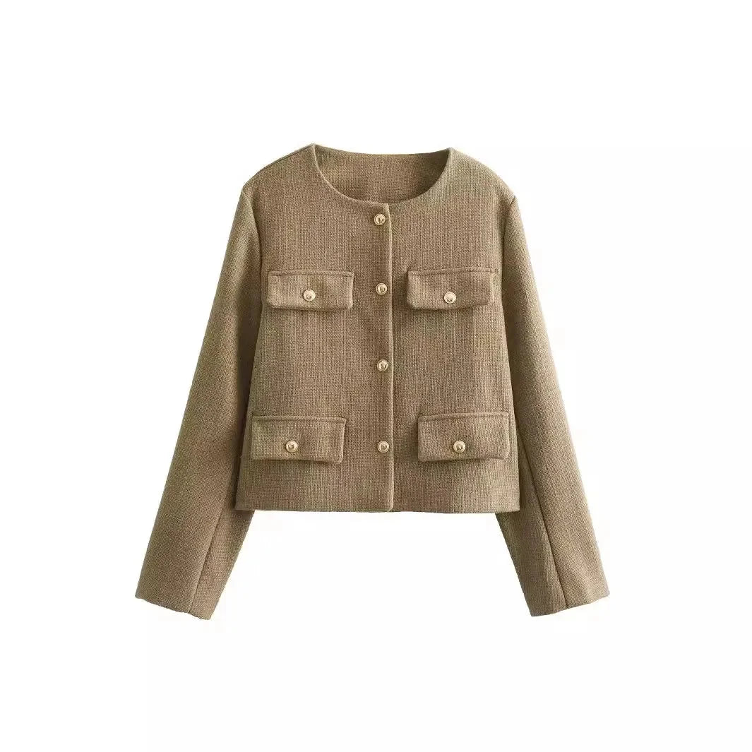 Women's cropped jacket featuring a button front, practical pocket details, and made from breathable cotton blend fabric.
