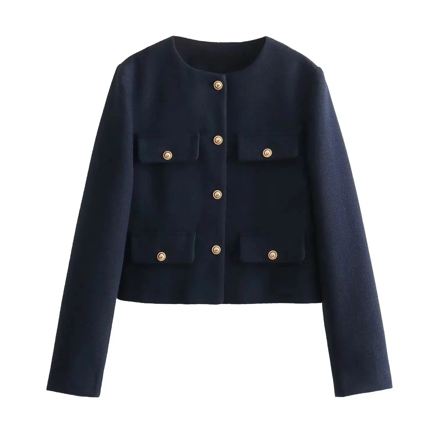 Women's cropped jacket featuring a button front, pocket details, and a lightweight fabric for a casual, stylish look.