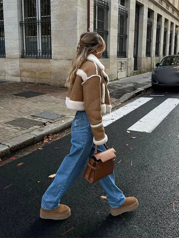 Cropped tan coat for women, featuring white trim and crafted from soft, durable fabric for a stylish, casual look.