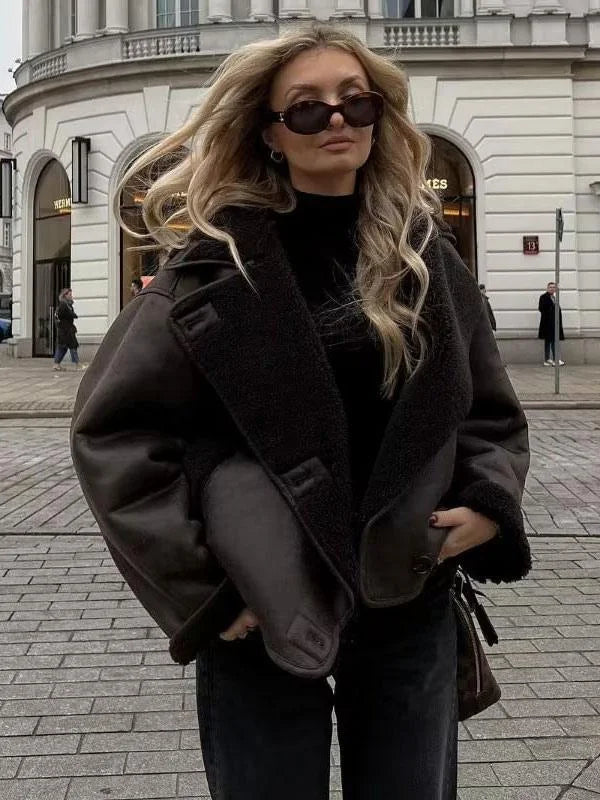 Women's dark brown faux shearling coat featuring wide lapels and a cozy, textured finish for warmth and style.