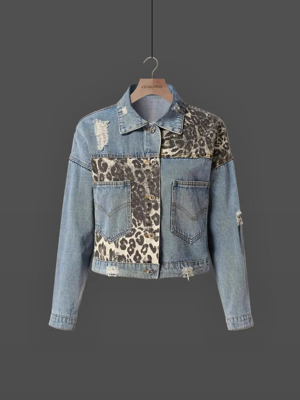 Women's denim jacket featuring a leopard print accent, crafted from durable cotton with a classic fit and button closure.